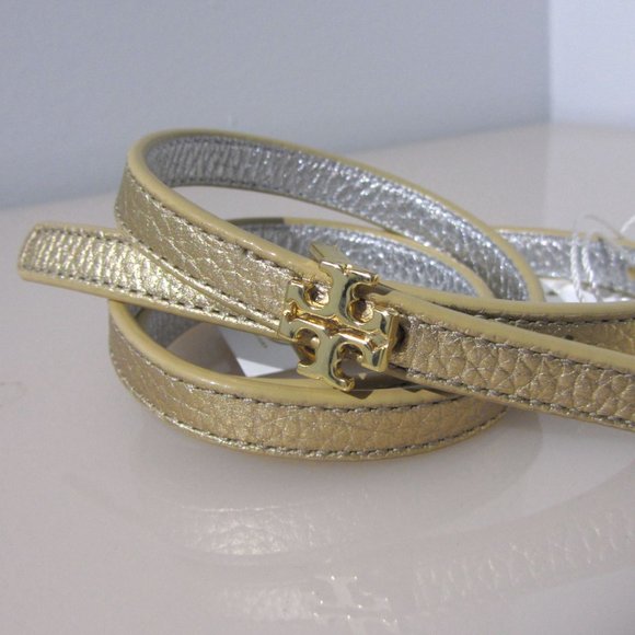 Tory Burch REVERSIBLE Silver Gold Skinny Belt Logo Buckle Metallic 48212 - Picture 2 of 6